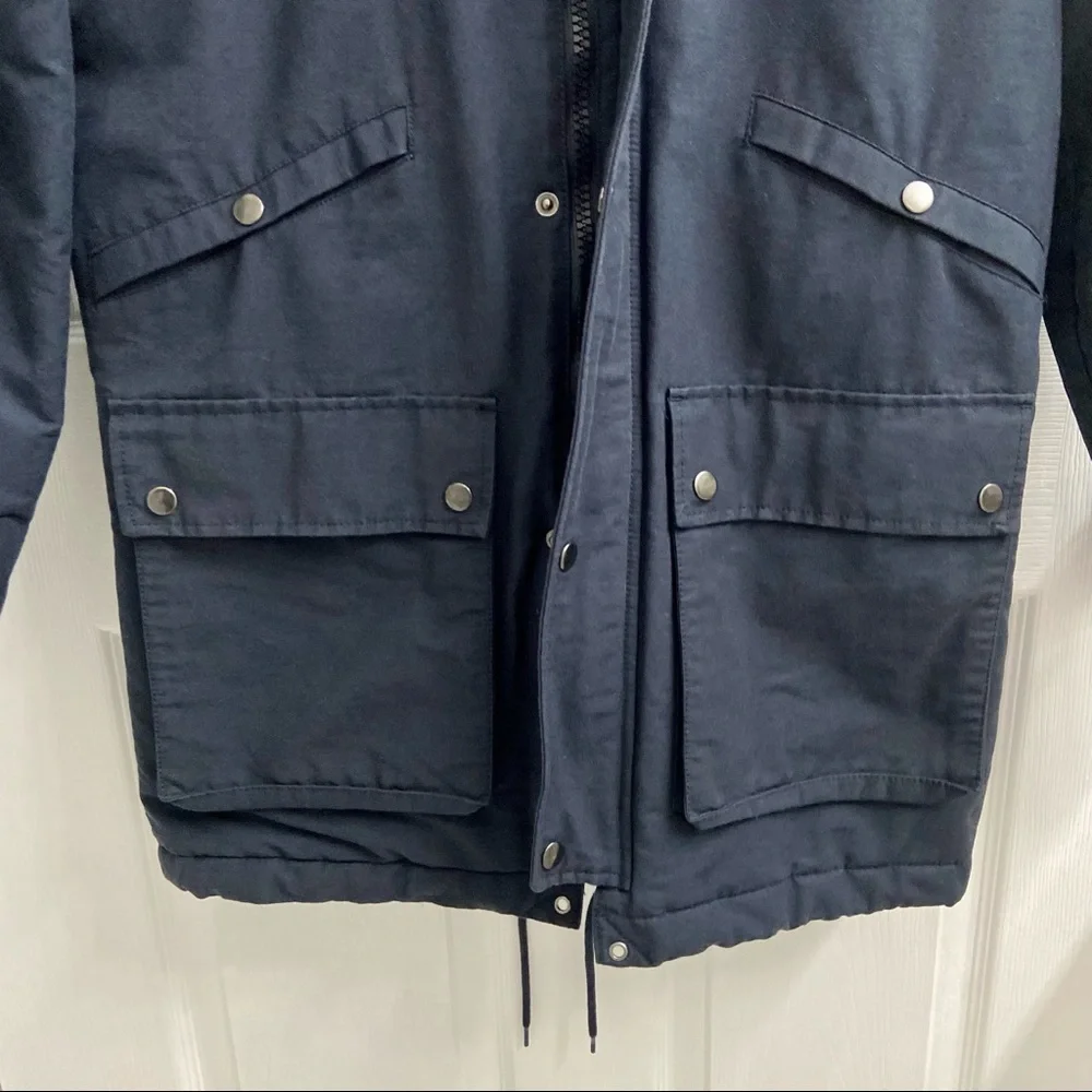 Topman Navy Blue Heavyweight Fishtail Parka Coat Men’s Small Zip Up Hood